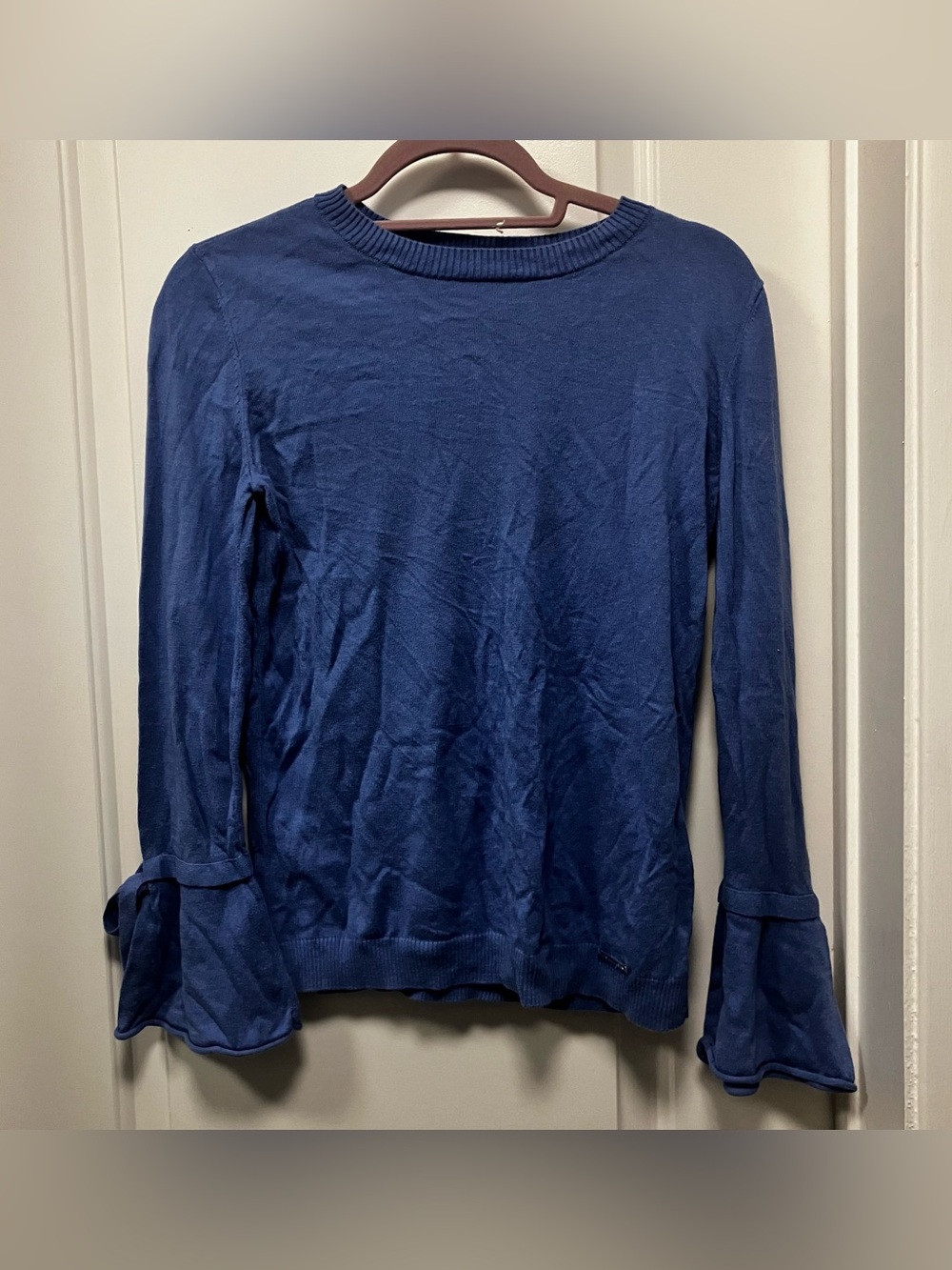 Michael Kors Blue Knit Sweater Women's Medium Bell Sleeve Bow Detail RN 111818